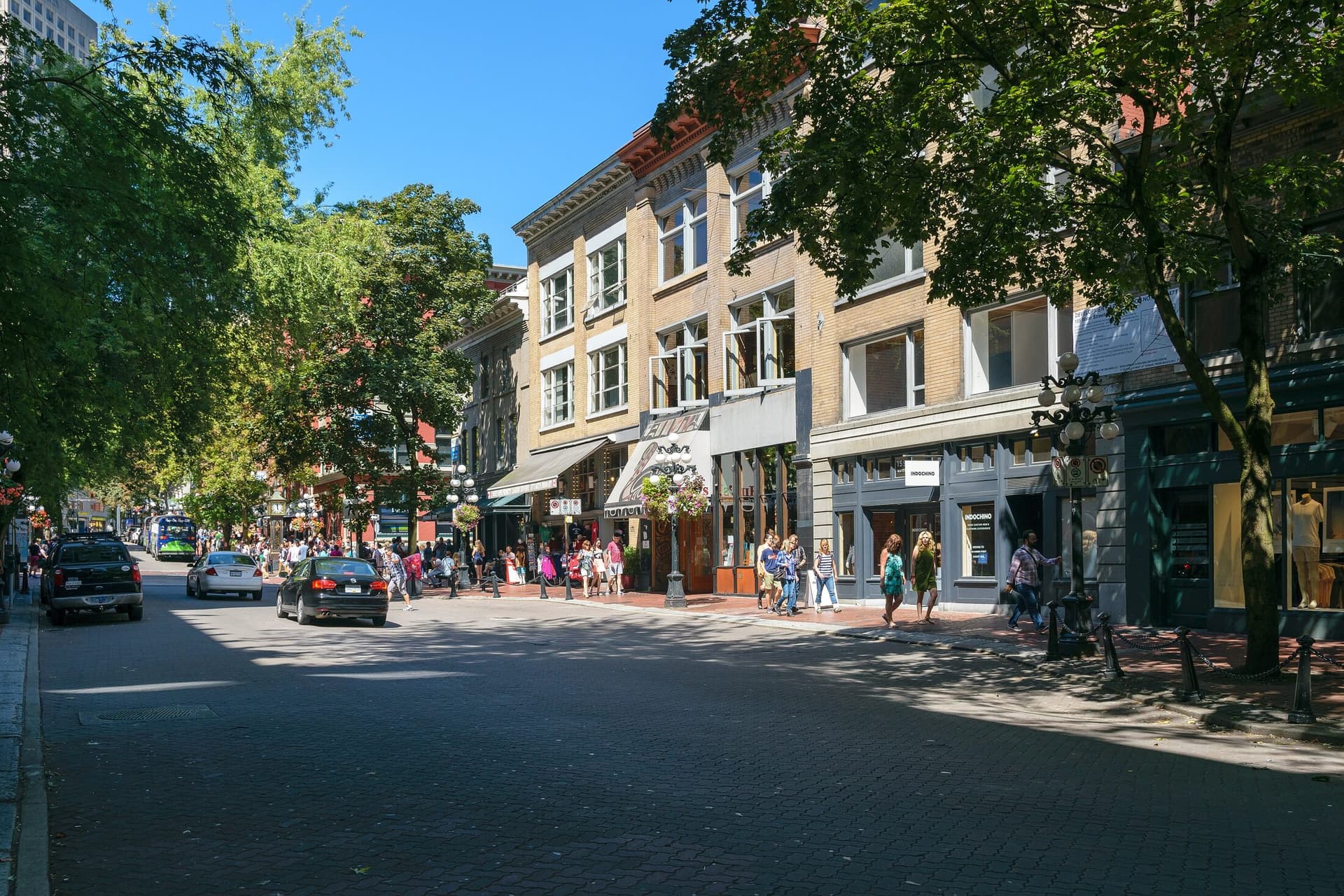 A street of brick and stone commercial buildings in Gastown, Vancouver.